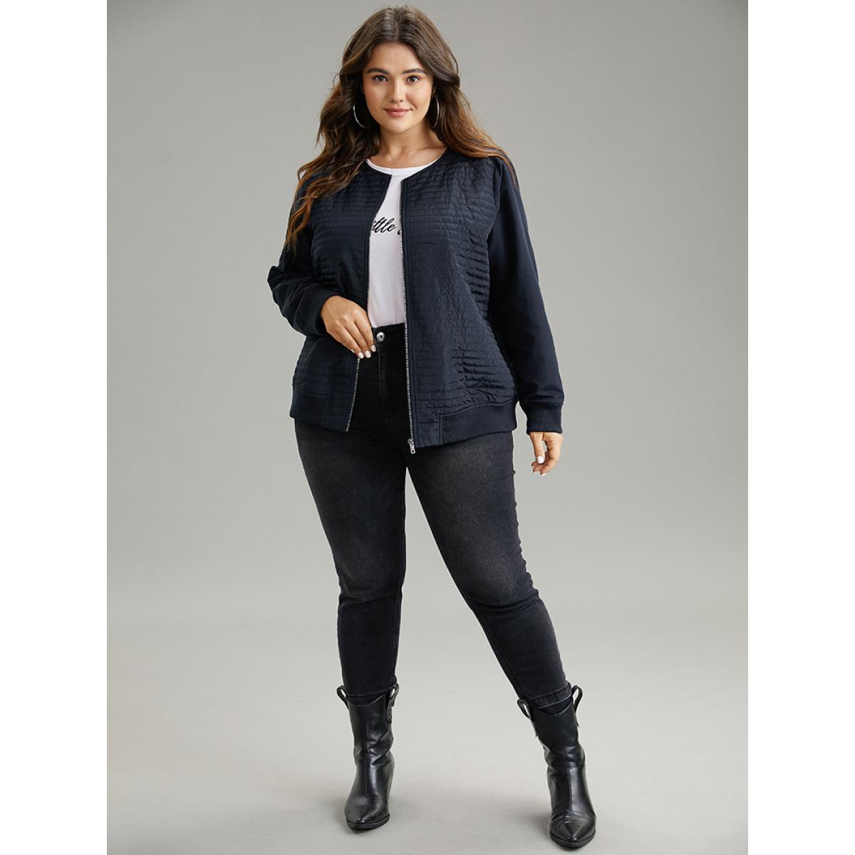 Plus Size Plisse Zipper Fly Rib Knit Jacket Women Indigo Rib Knit Everyday Jackets BloomChic 30/6X Product Image