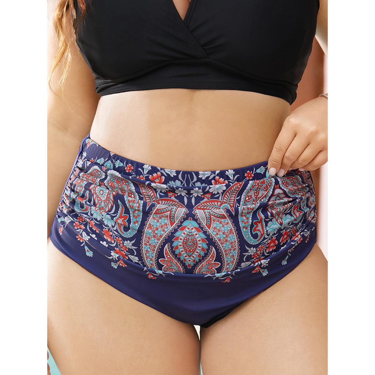 Plus Size Paisley Print Ruched Front Swim Bottom Women's Swimwear Navy Vacation Gathered High stretch Skinny High Rise Curve Swim Bottoms BloomChic 14-16/1X Product Image