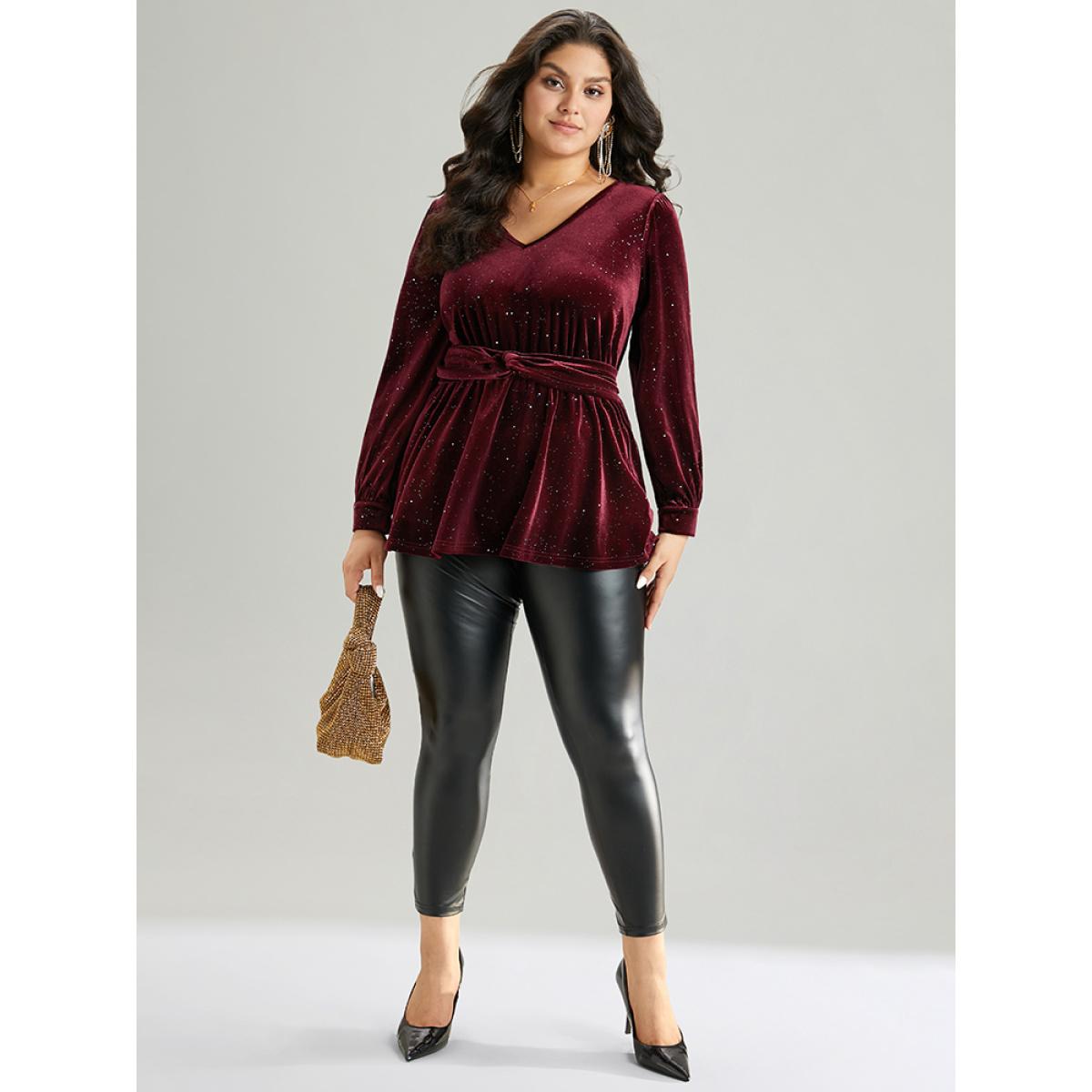 Plus Size Scarlet Glitter Sequin Velvet Twist Front V Neck Blouse Women Cocktail Long Sleeve V-neck Party Blouses BloomChic 14-16/1X Product Image