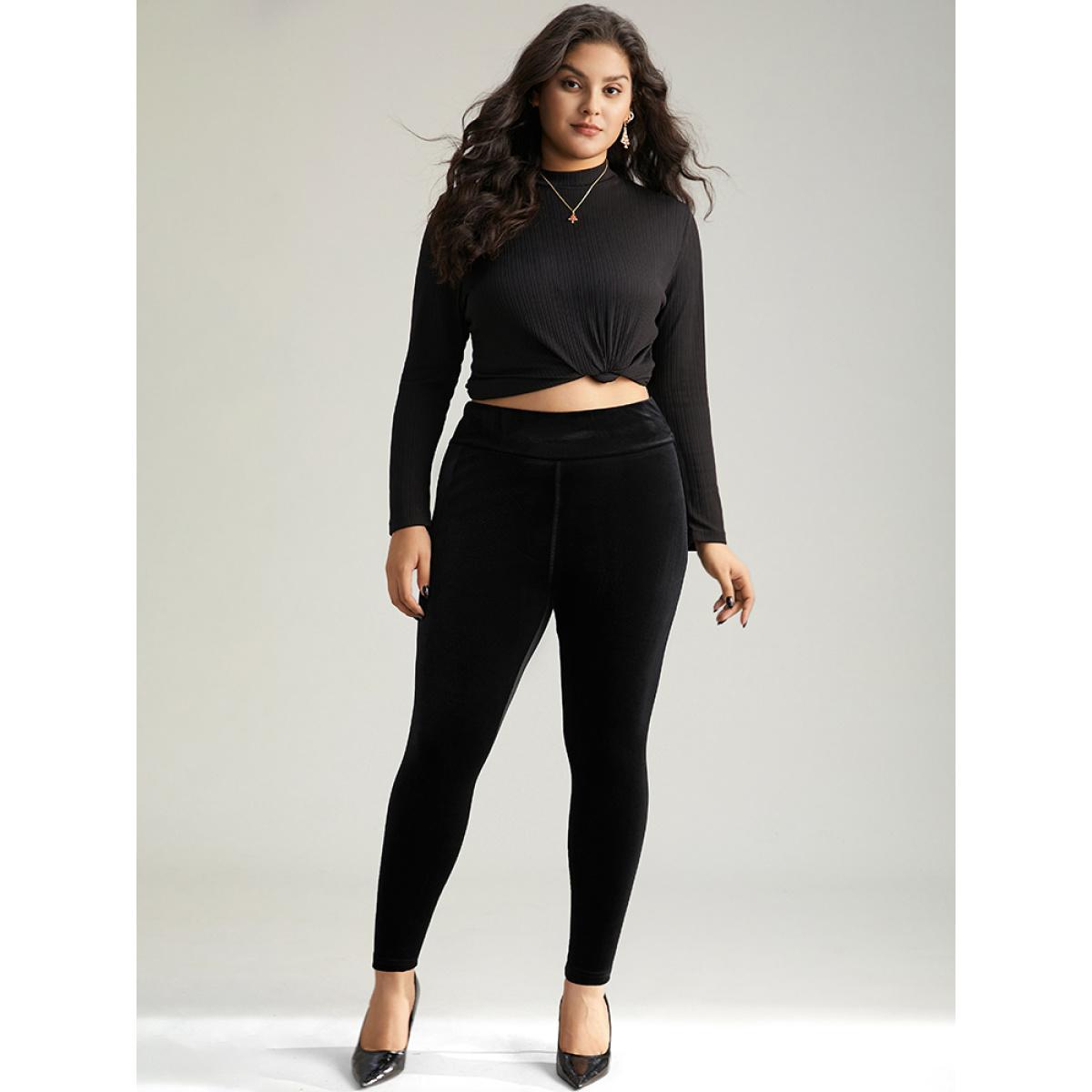 Plus Size Plain Velvet Elastic Waist Skinny Leggings Women Black Glamour High stretch Skinny High Rise Festival-Christmas Leggings BloomChic 26/4X Product Image