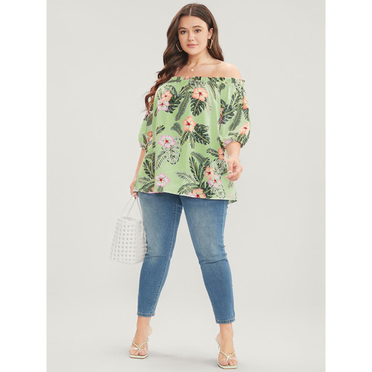 Plus Size LightGreen Tropical Print Off Shoulder Lantern Sleeve Blouse Women Vacation Short sleeve One-shoulder neck Dailywear Blouses BloomChic 30/6X Product Image