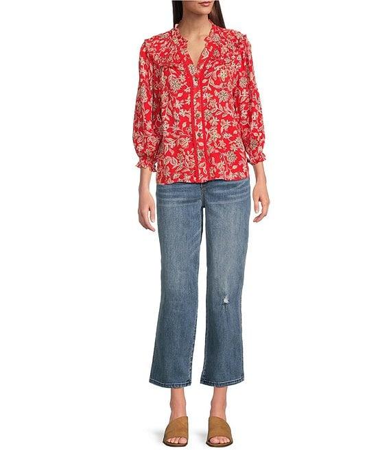 Democracy Woven Floral Split V-Neck 3/4 Blouson Sleeve Lace Inset Ruffle Trim Button-Front Top Product Image