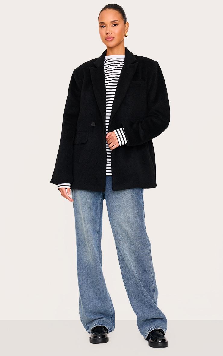 Black Oversized Textured Wool Look Blazer Product Image