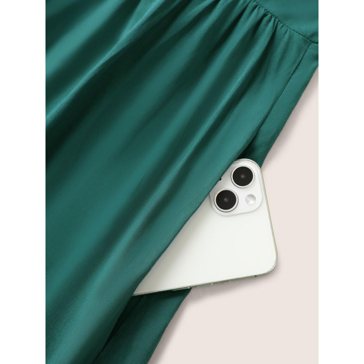 Plus Size Citrus Solid Tiered Ruffle Cap Sleeve Button Detail Dress DarkGreen Women Elegant Gathered V-neck Cap Sleeve Curvy Midi Dress BloomChic 18-20/2X Product Image