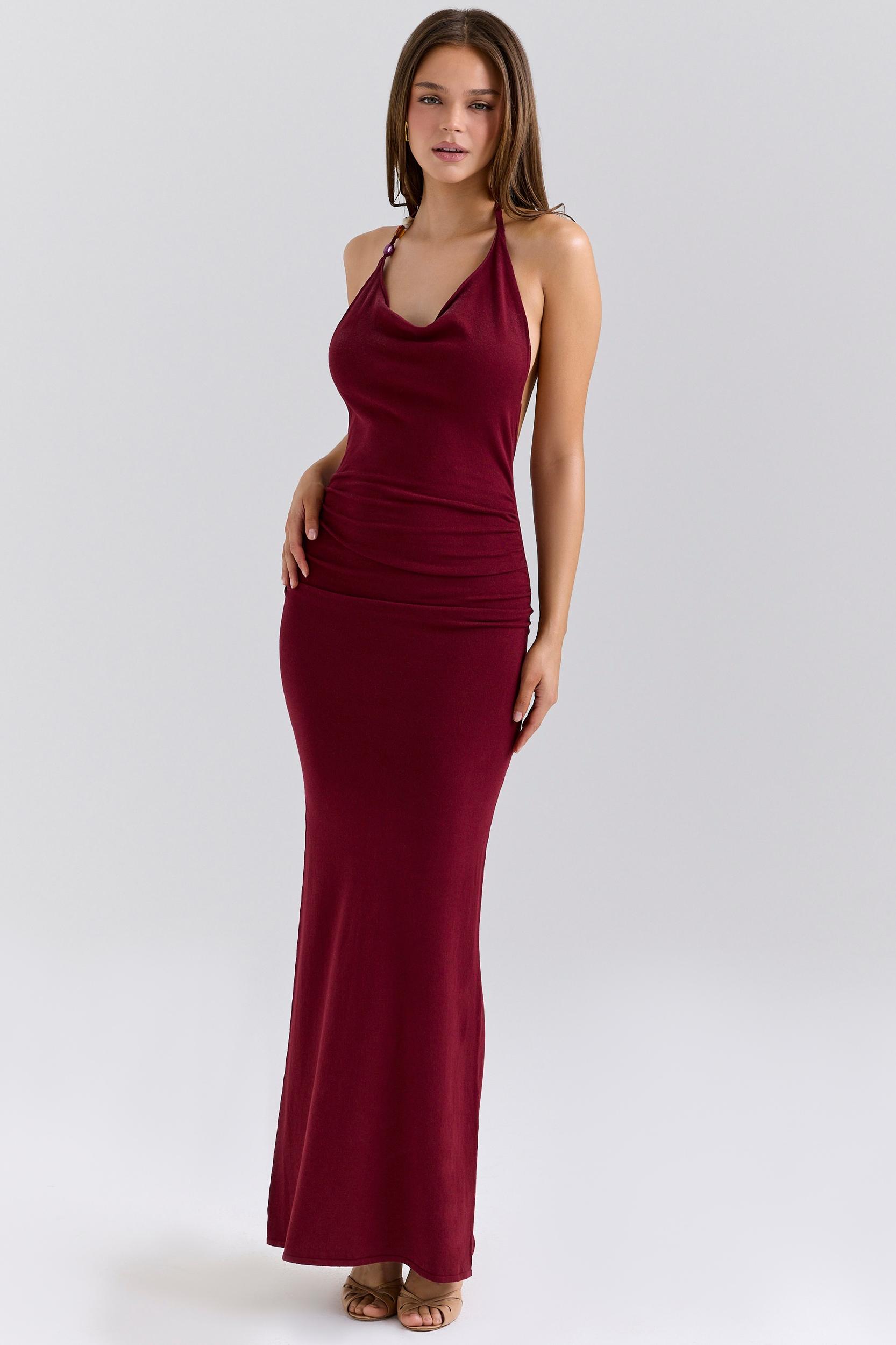 Thalina  wine draped halter neck maxi dress - sale Product Image