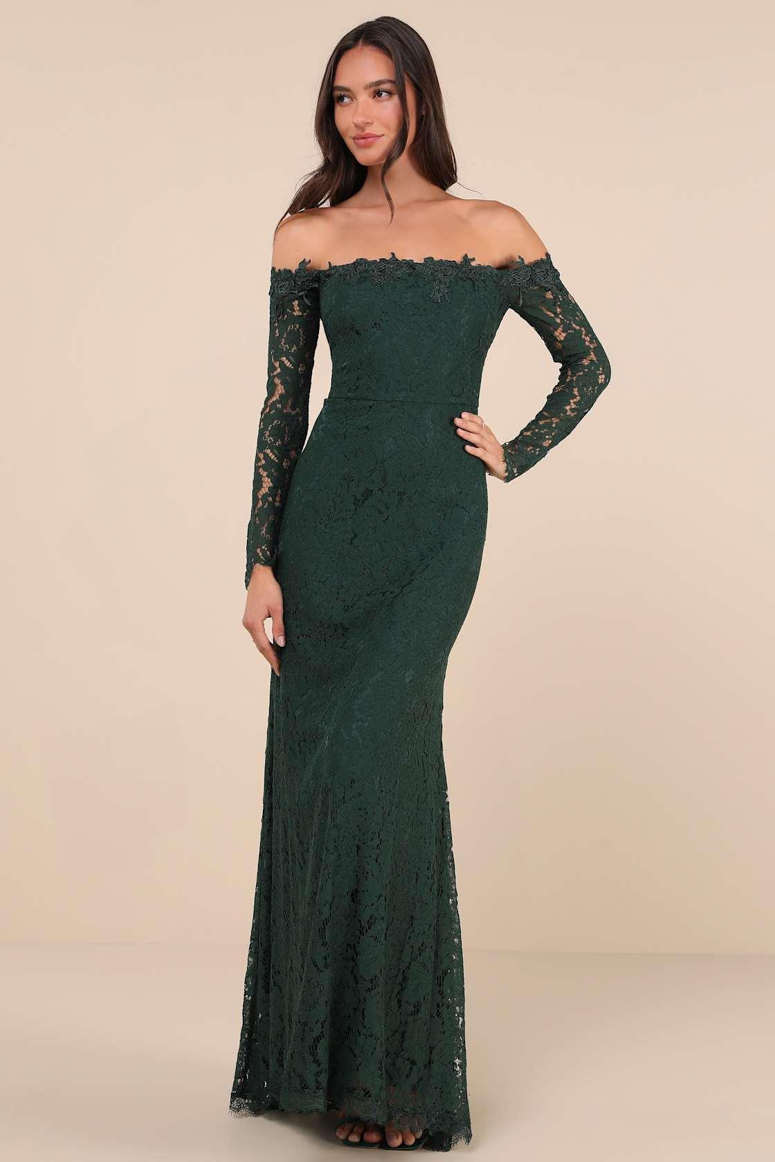 Romance Dreamer Green Lace Off-the-Shoulder Maxi Dress Product Image