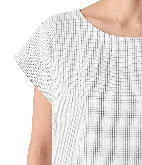 Eileen Fisher Organic Cotton Grid Pattern Boat Neck Short Sleeve Top Product Image