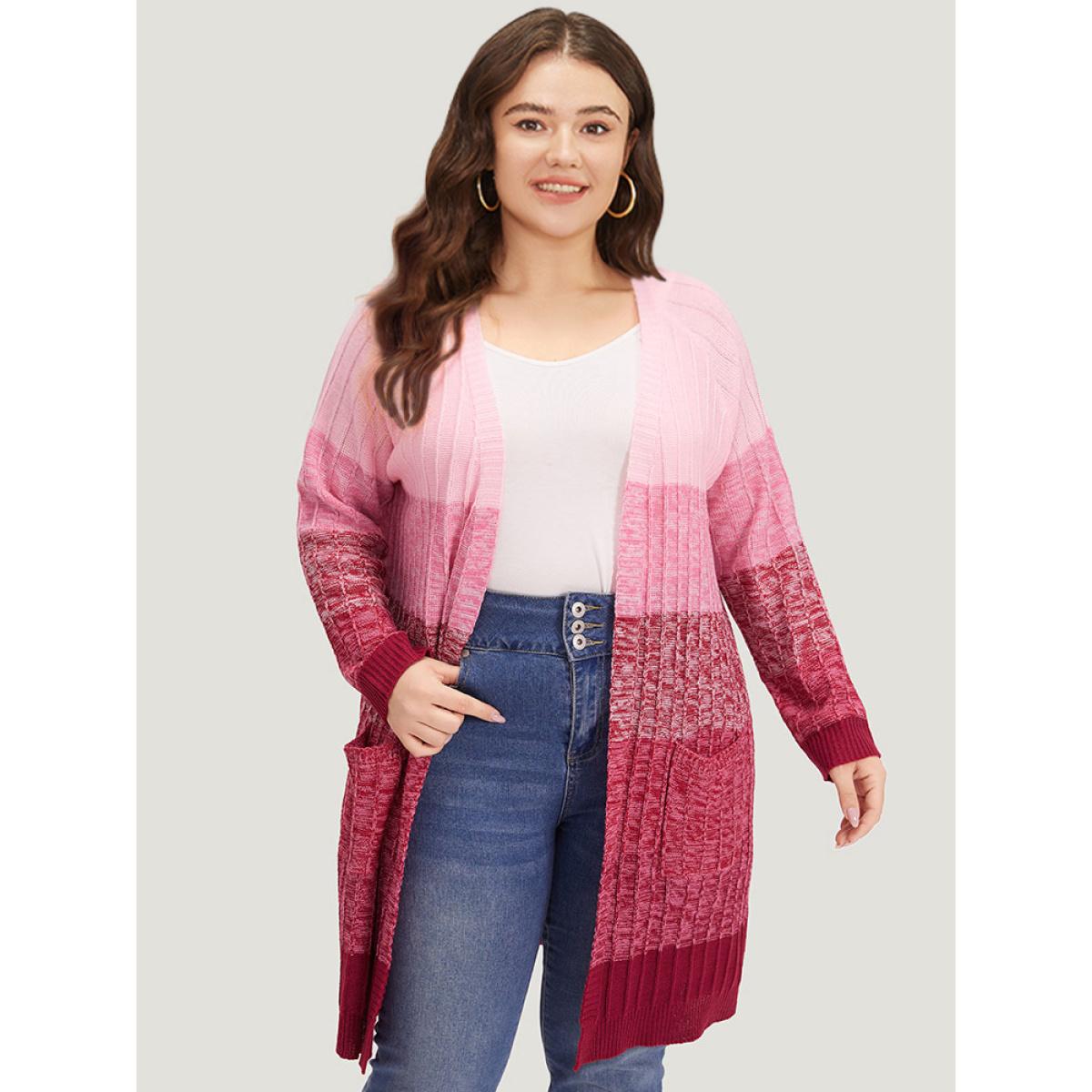 Plus Size Ombre Colorblock Patched Pocket Tunic Cardigan Watermelon Women Casual Loose Long Sleeve Dailywear Cardigans BloomChic 18-20/2X Product Image