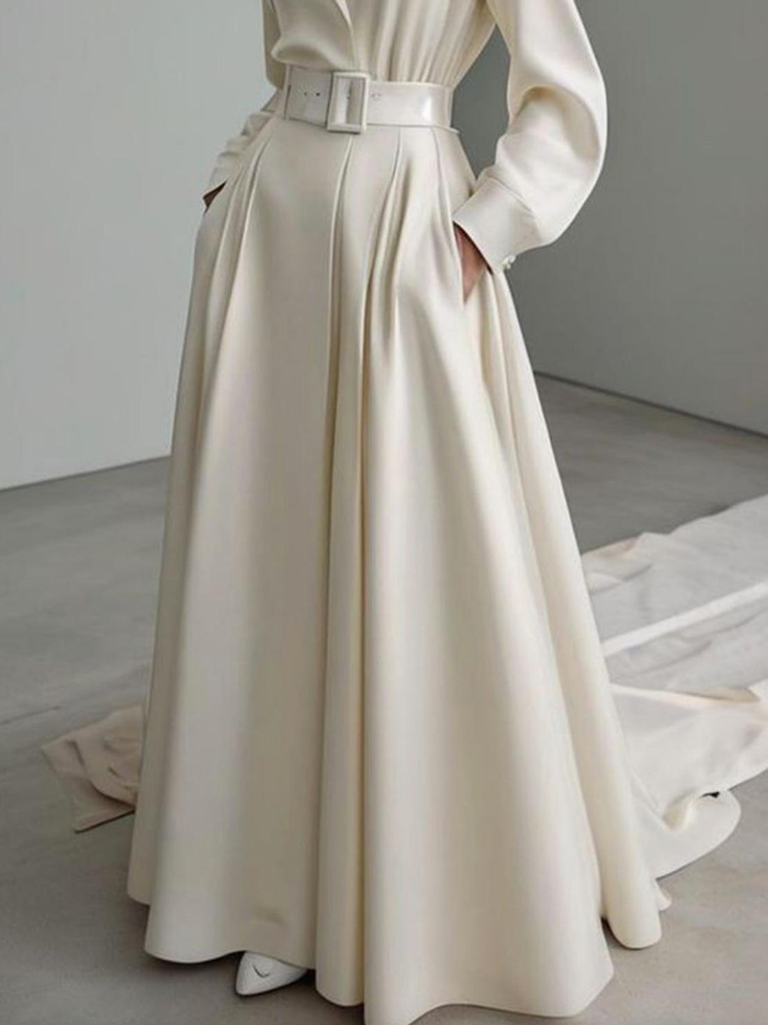 Long Sleeves Loose No Belt Solid Color Notched Collar Maxi Dresses Product Image