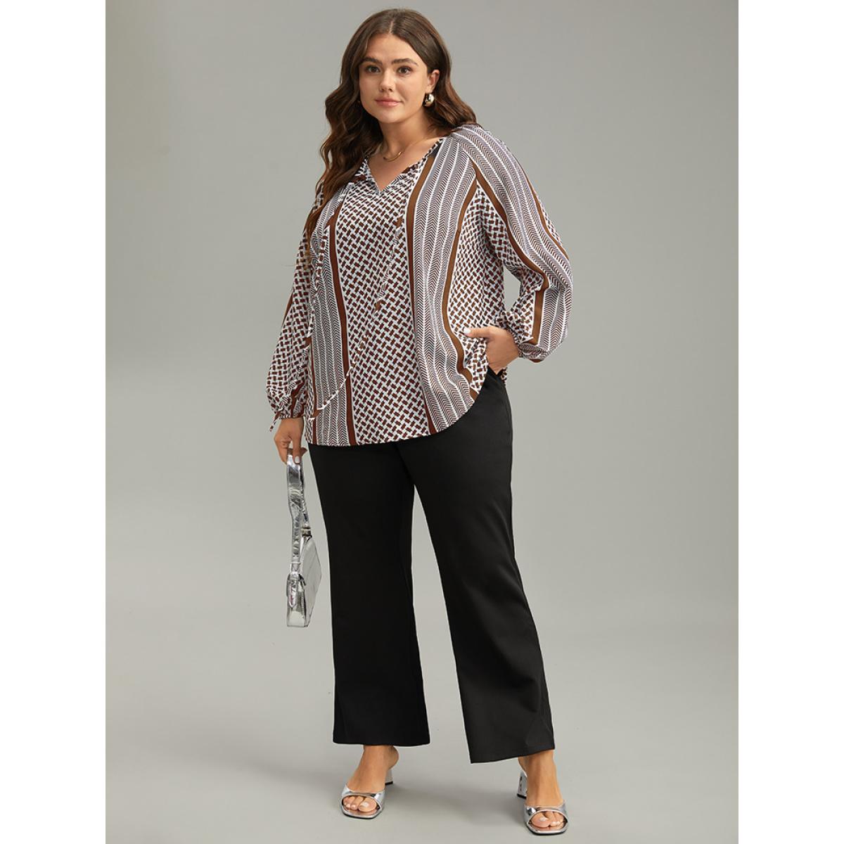 Plus Size Chocolate Geo Striped Tie Lantern Sleeve Blouse Women Resort Long Sleeve Tie Neck Vacation Blouses BloomChic 22-24/3X Product Image