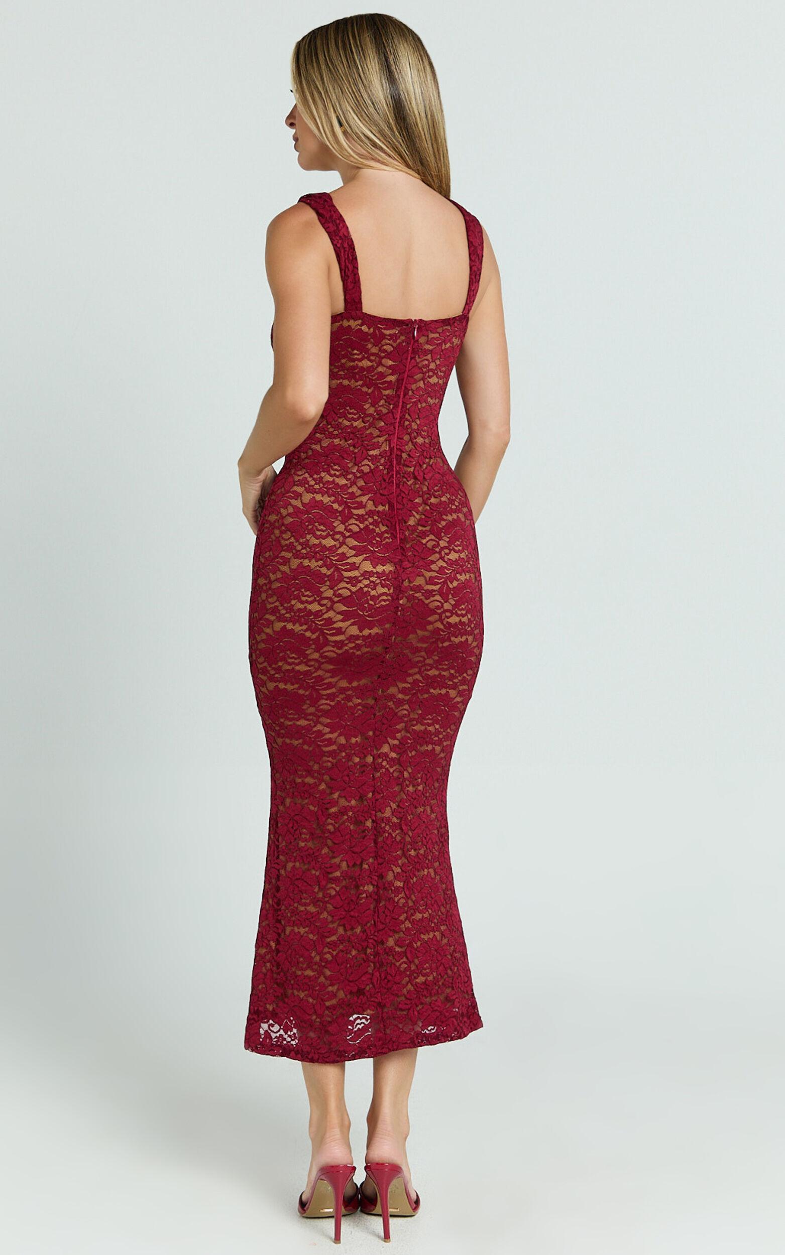 Collette Midi Dress - Ruched Bust Wide Strap Detail Lace Midi Dress in Wine Product Image