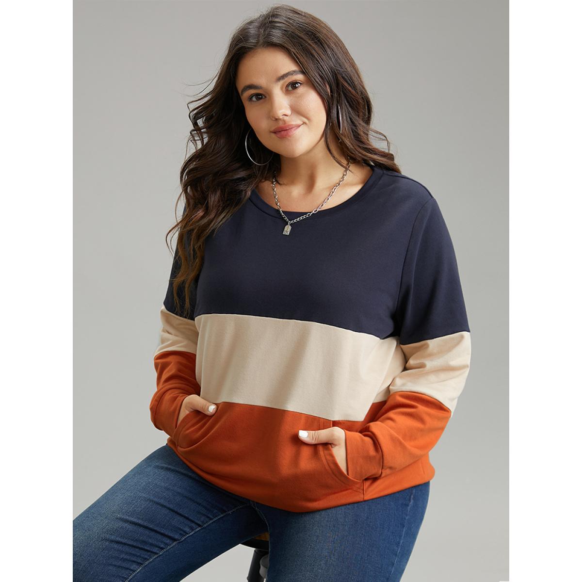 Plus Size Colorblock Contrast Crew Neck Kangaroo Pocket Sweatshirt Women Multicolor Casual Contrast Round Neck Dailywear Sweatshirts BloomChic 14-16/1X Product Image