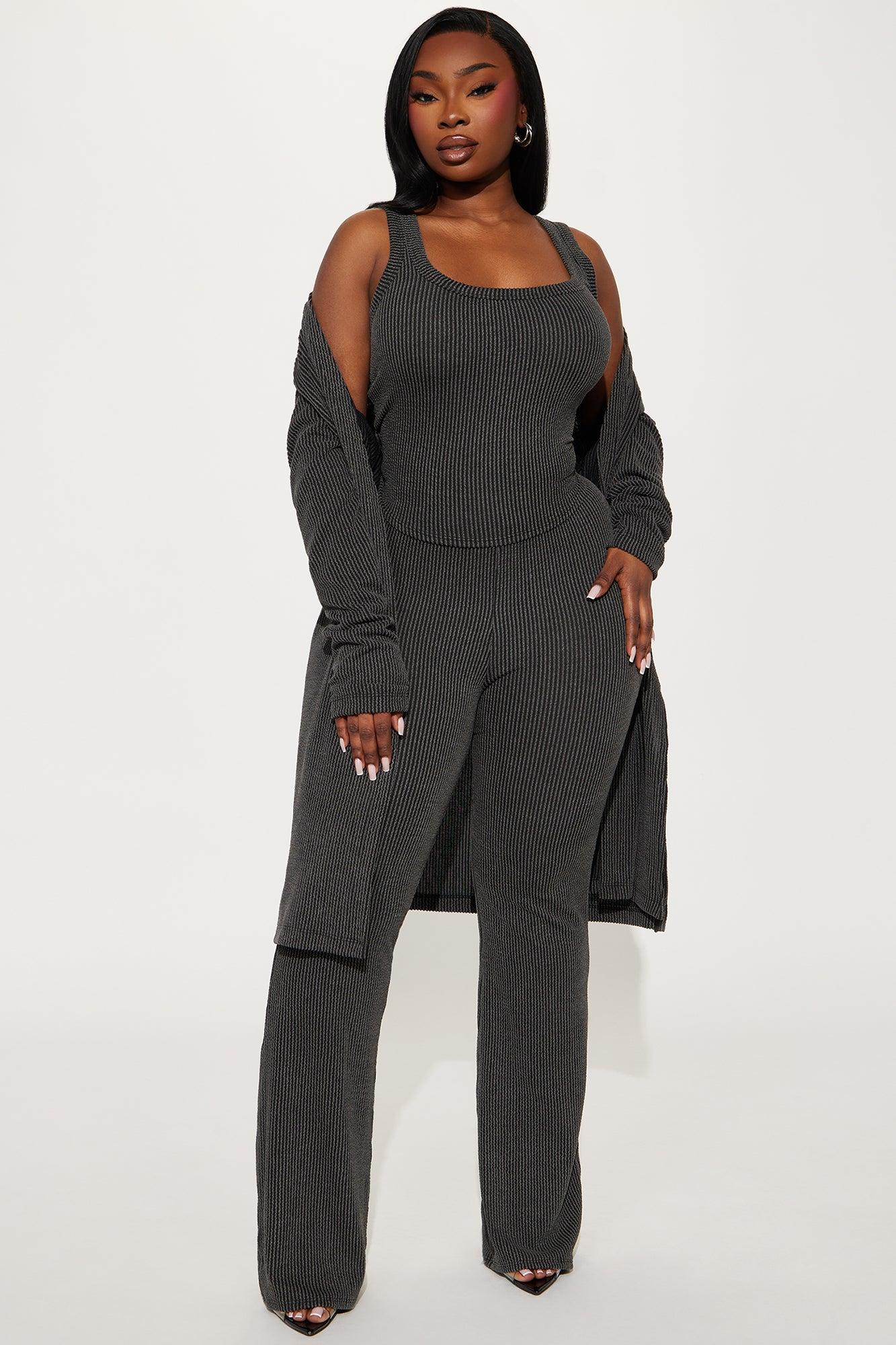 Weekend Vibe Ribbed 3 Piece Pant Set - Charcoal Product Image
