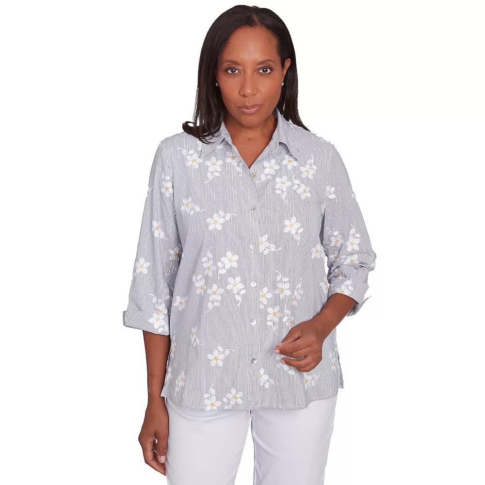 Petite Alfred Dunner Flower Embroidered Button-Down Striped Top, Women's, Size: Small Petite, White Product Image