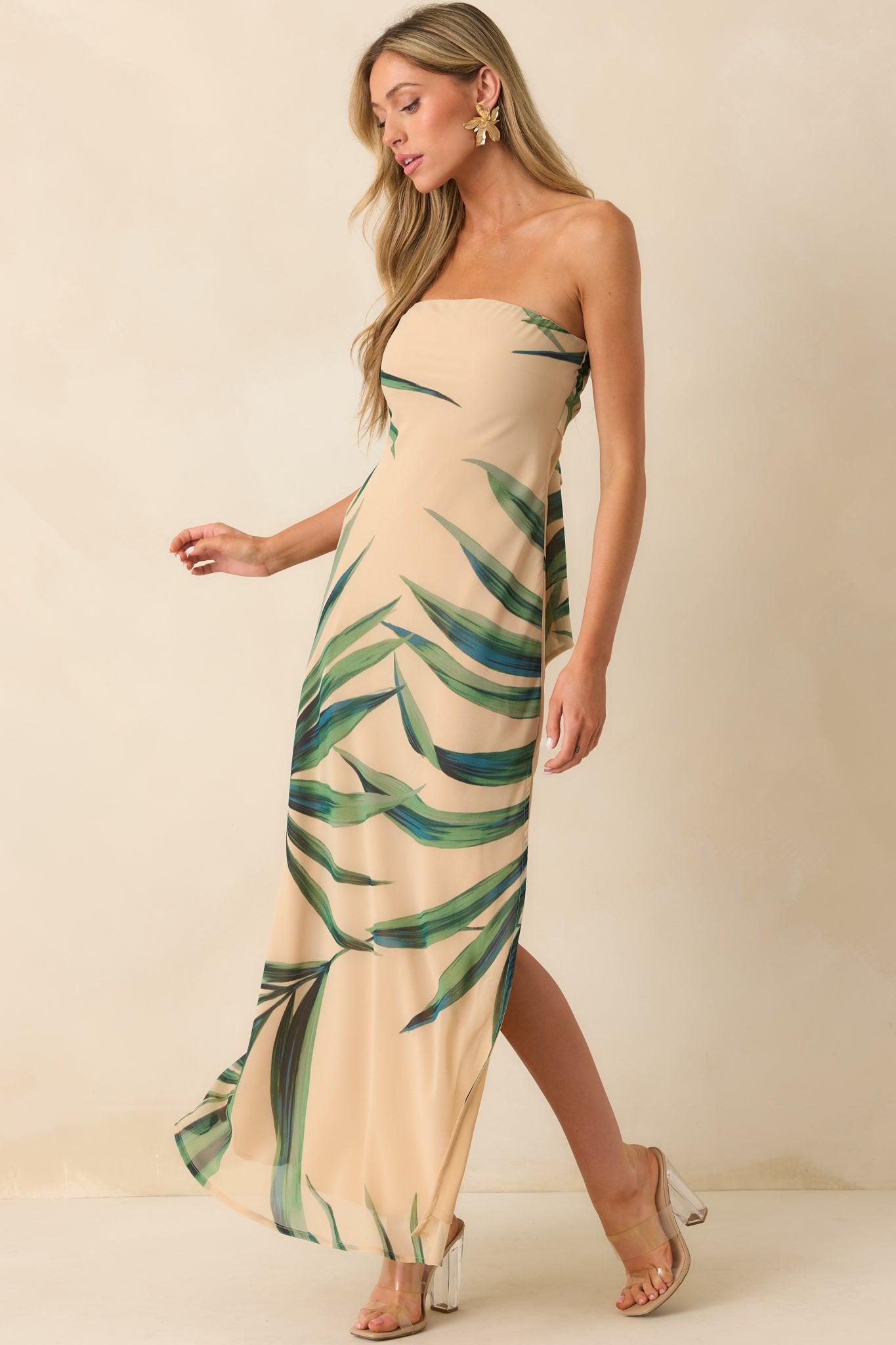 Finding The Way Beige Palm Leaf Print Strapless Chiffon Maxi Dress Product Image