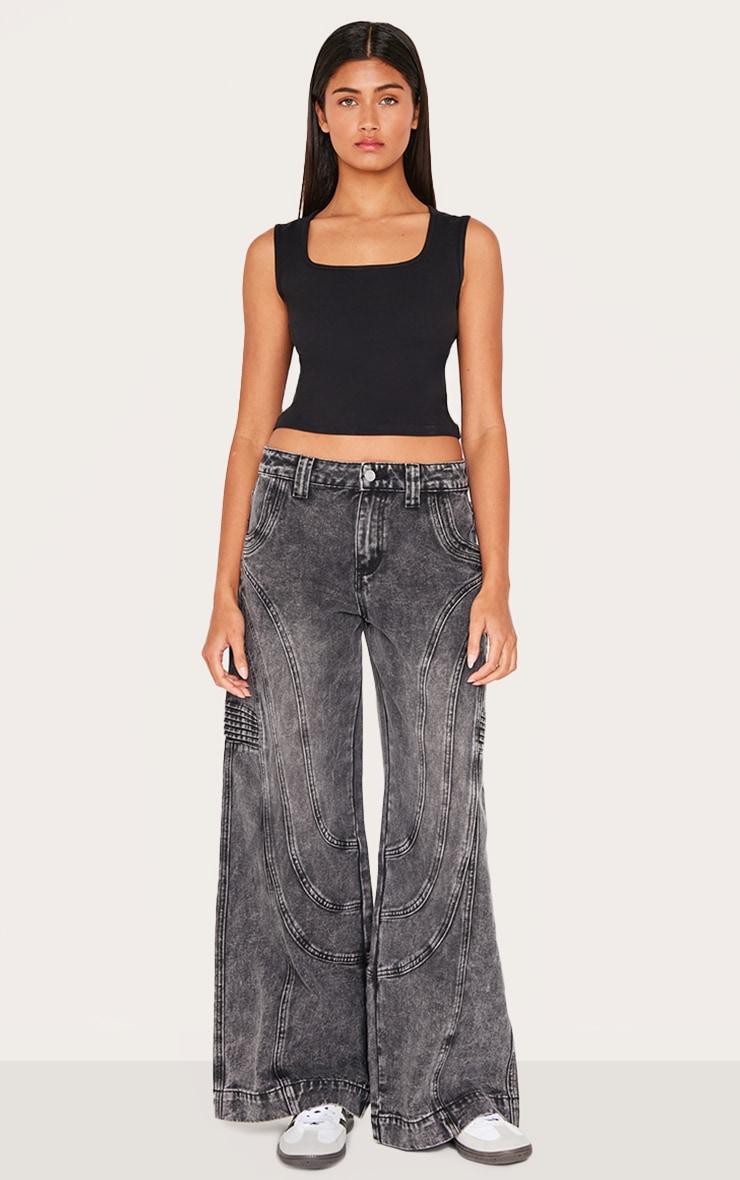 Grey Panel Seam Detail Wide Leg Jeans Product Image