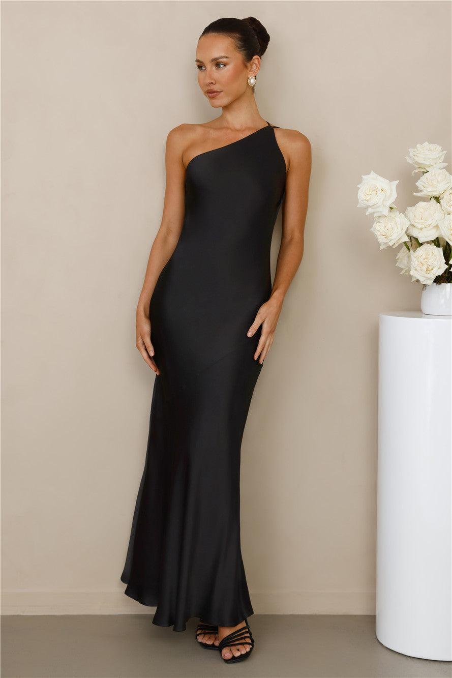 The Evangeline One Shoulder Satin Maxi Dress Black Product Image