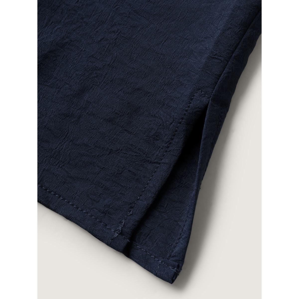 Plus Size Indigo Toothpick Pleated Neck Tie Solid Blouse Women Romantic Short sleeve Non Elegant Blouses BloomChic 12/L Product Image