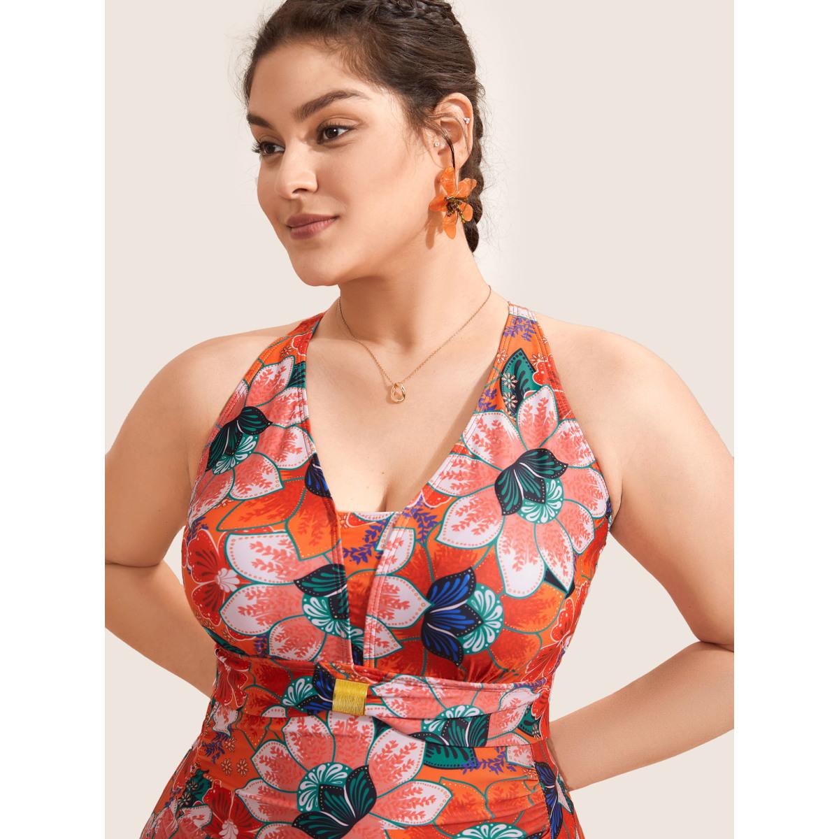 Plus Size Floral Ruched Crisscross Buckle Detail One Piece Swimsuit Women's Swimwear Multicolor Beach Gathered Curve Bathing Suits High stretch One Pieces BloomChic 26/4X Product Image