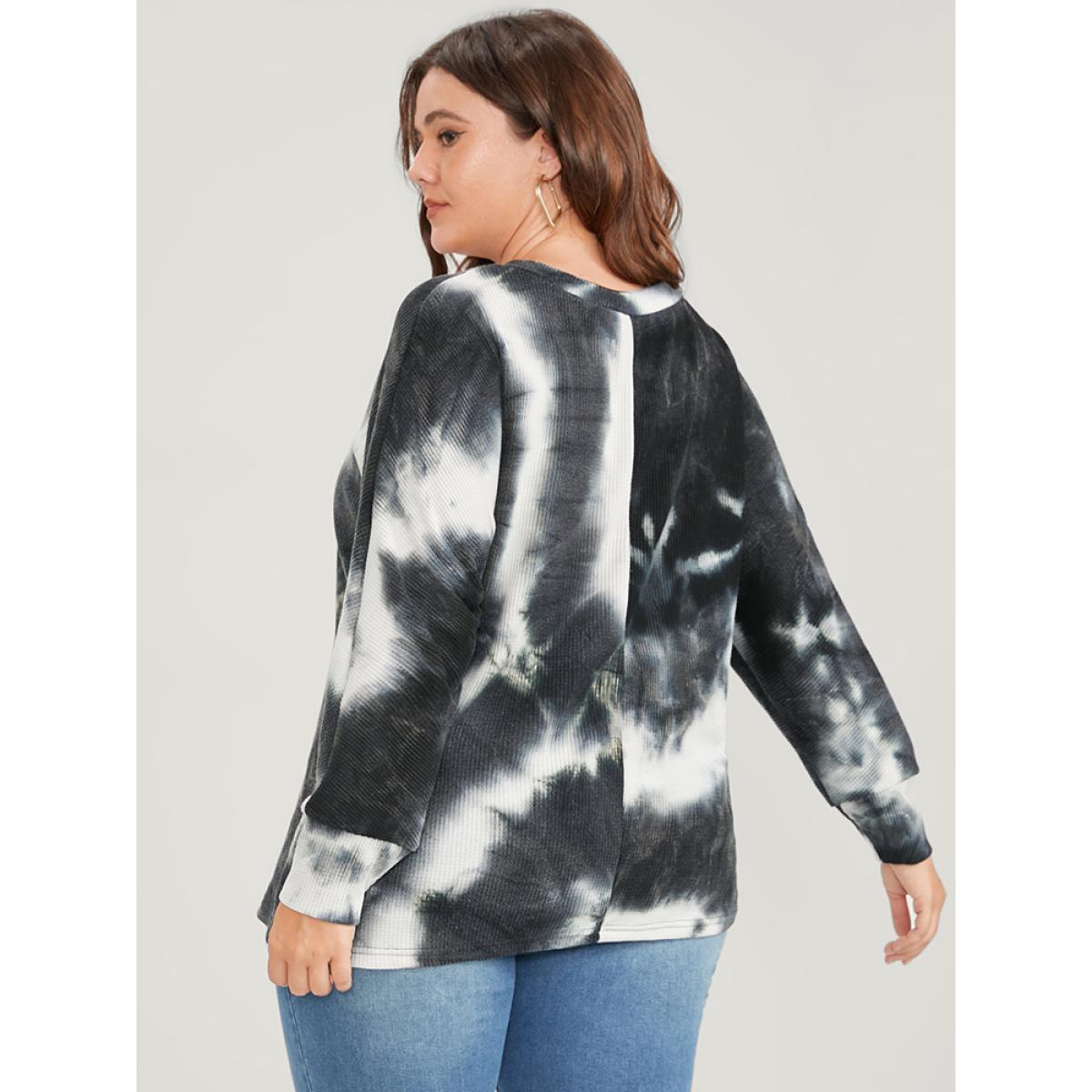 Plus Size Tie Dye Dolman Sleeve Waffle Knit Drop Shoulder Sweatshirt Women Black Casual Tie Dye Loose V-neck Dailywear Sweatshirts BloomChic 22-24/3X Product Image