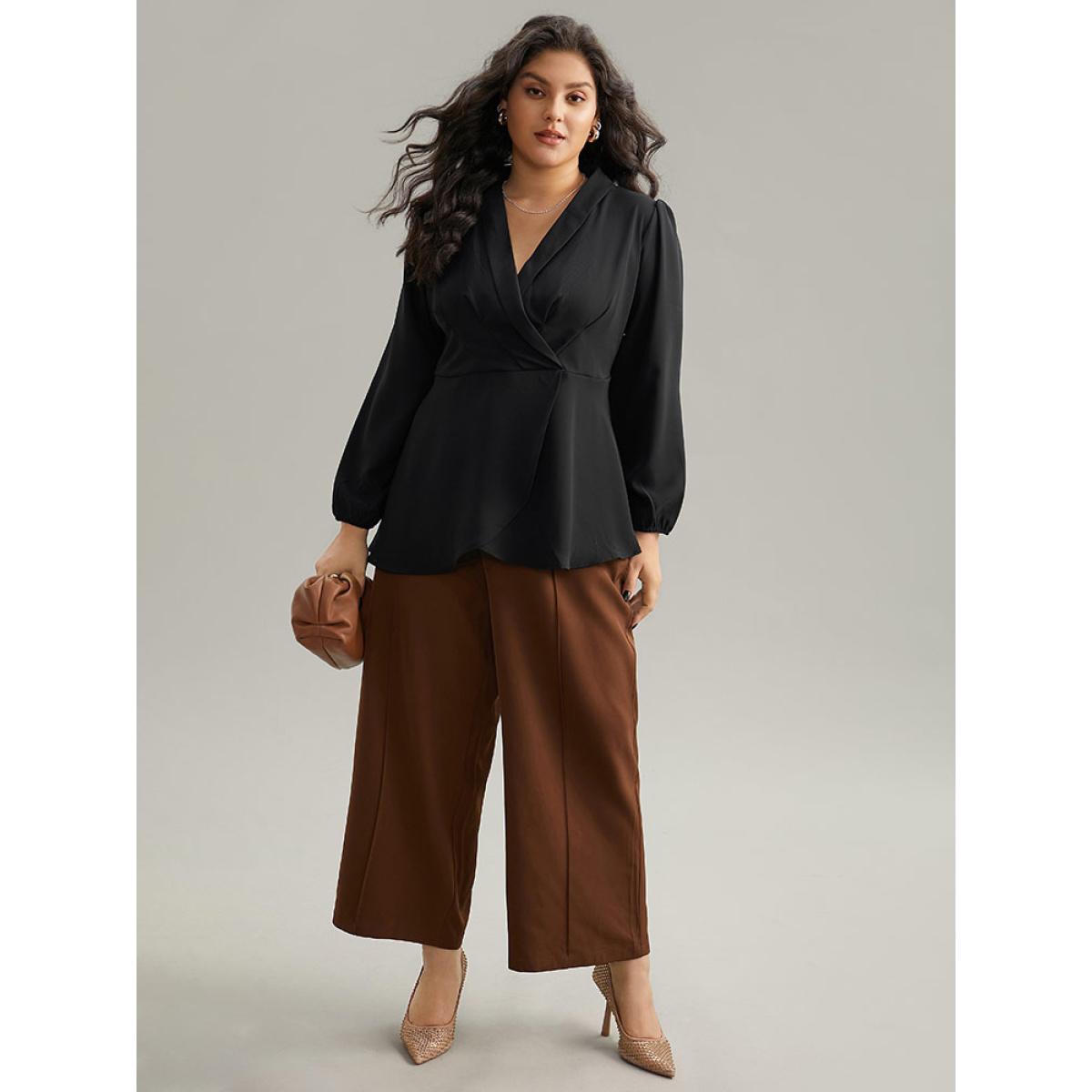 Plus Size Black Static-Free Plain Pleated Wrap Blouse Women Office Long Sleeve V-neck Dailywear Blouses BloomChic 28/5X Product Image