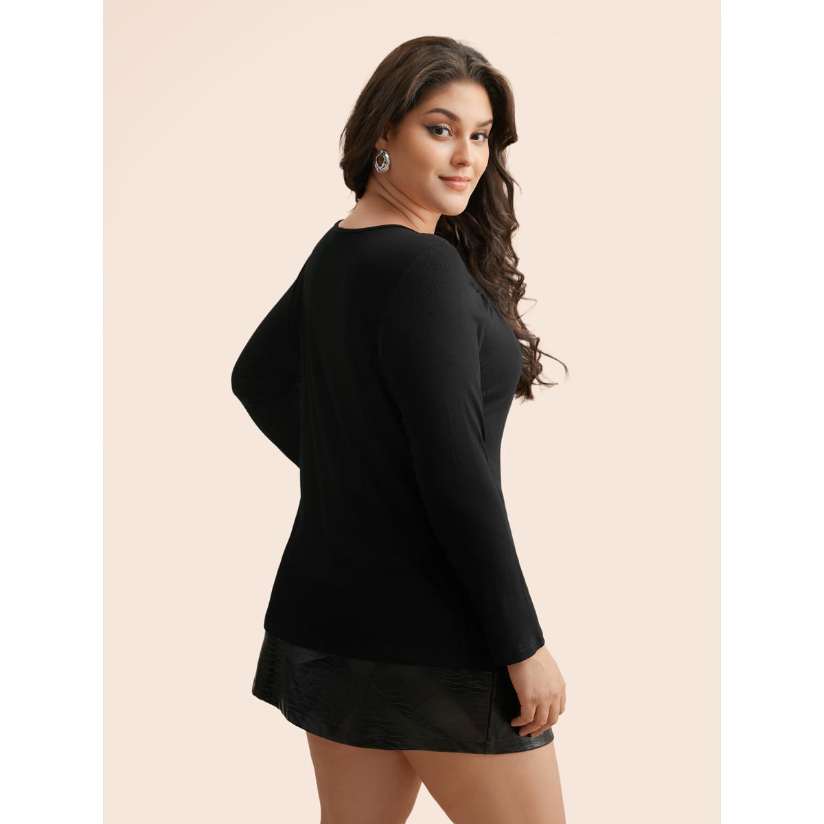 Plus Size Rib Knit Asymmetrical Neck Cut Out T-shirt Black Women Elegant Texture Asymmetrical Neck Skinny Everyday T-shirts BloomChic 30/6X Product Image