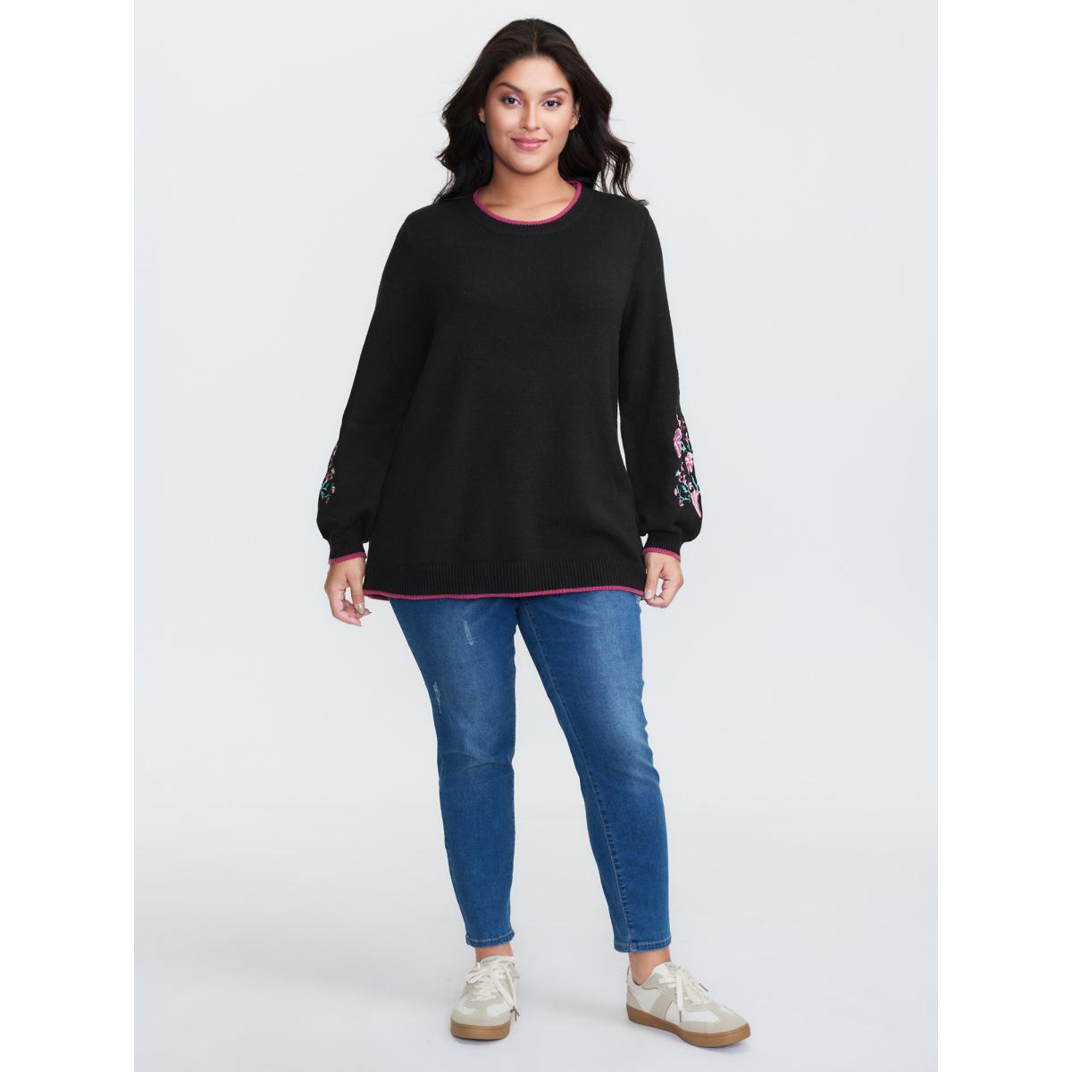 Plus Size Embroidered Sleeve Contrast Trim Pullover Black Women Leisure Loose Long Sleeve Round Neck Casual Pullovers BloomChic 30/6X Product Image