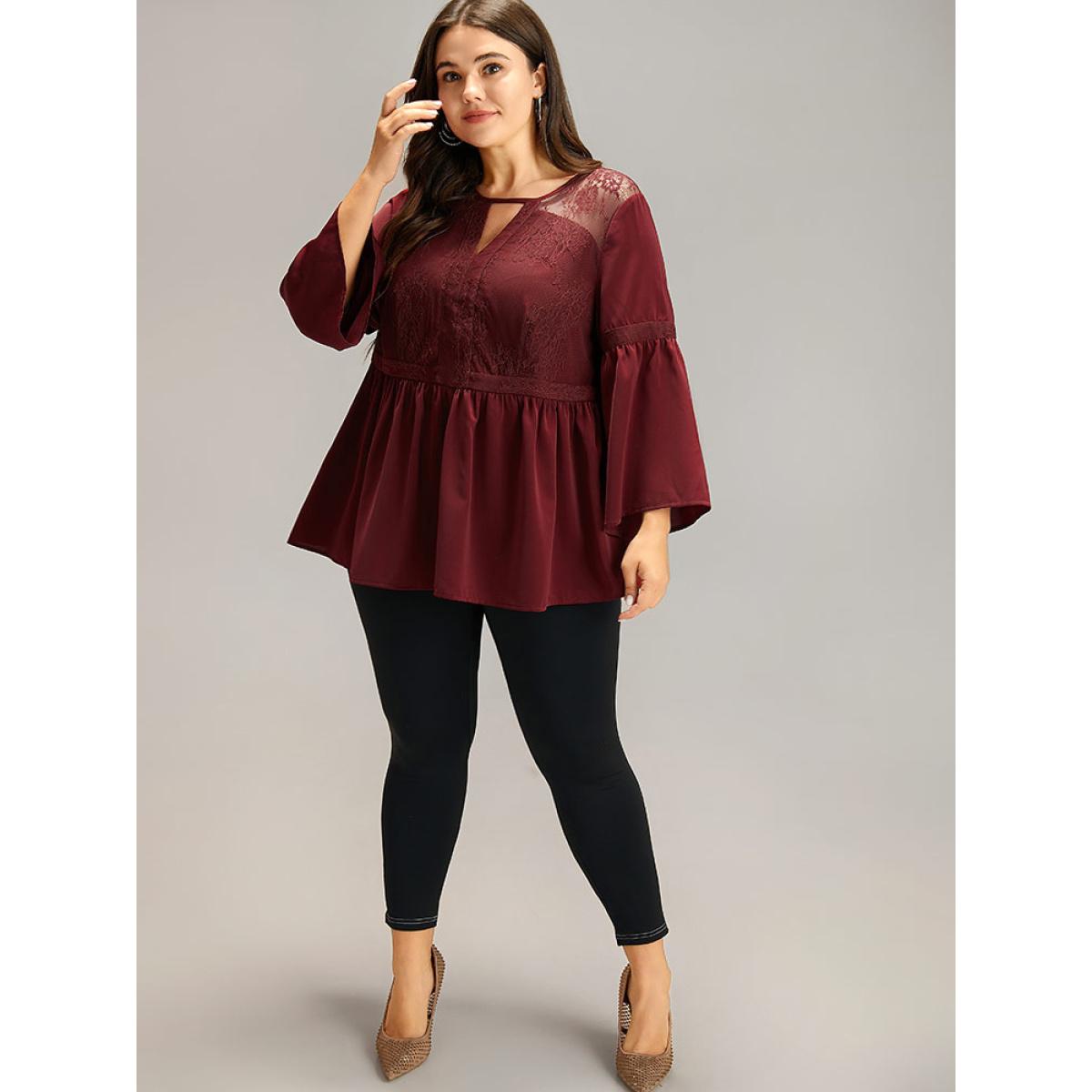 Plus Size Burgundy Anti-Wrinkle Keyhole Crochet Lace Mesh Ruffles Blouse Women Elegant Long Sleeve Keyhole Cut-Out Dailywear Blouses BloomChic 18-20/2X Product Image