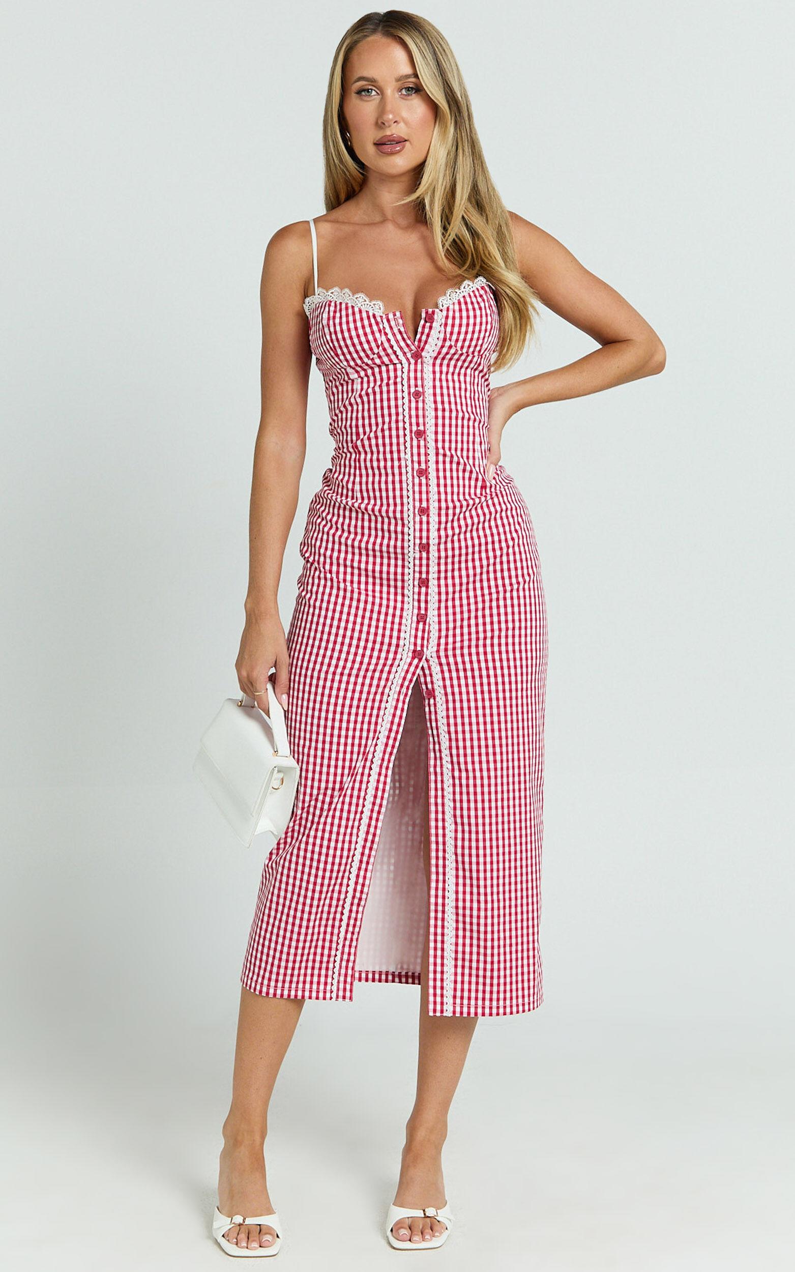 Anessa Midi Dress - Button Front Bustier Fitted Dress in Red Gingham Product Image