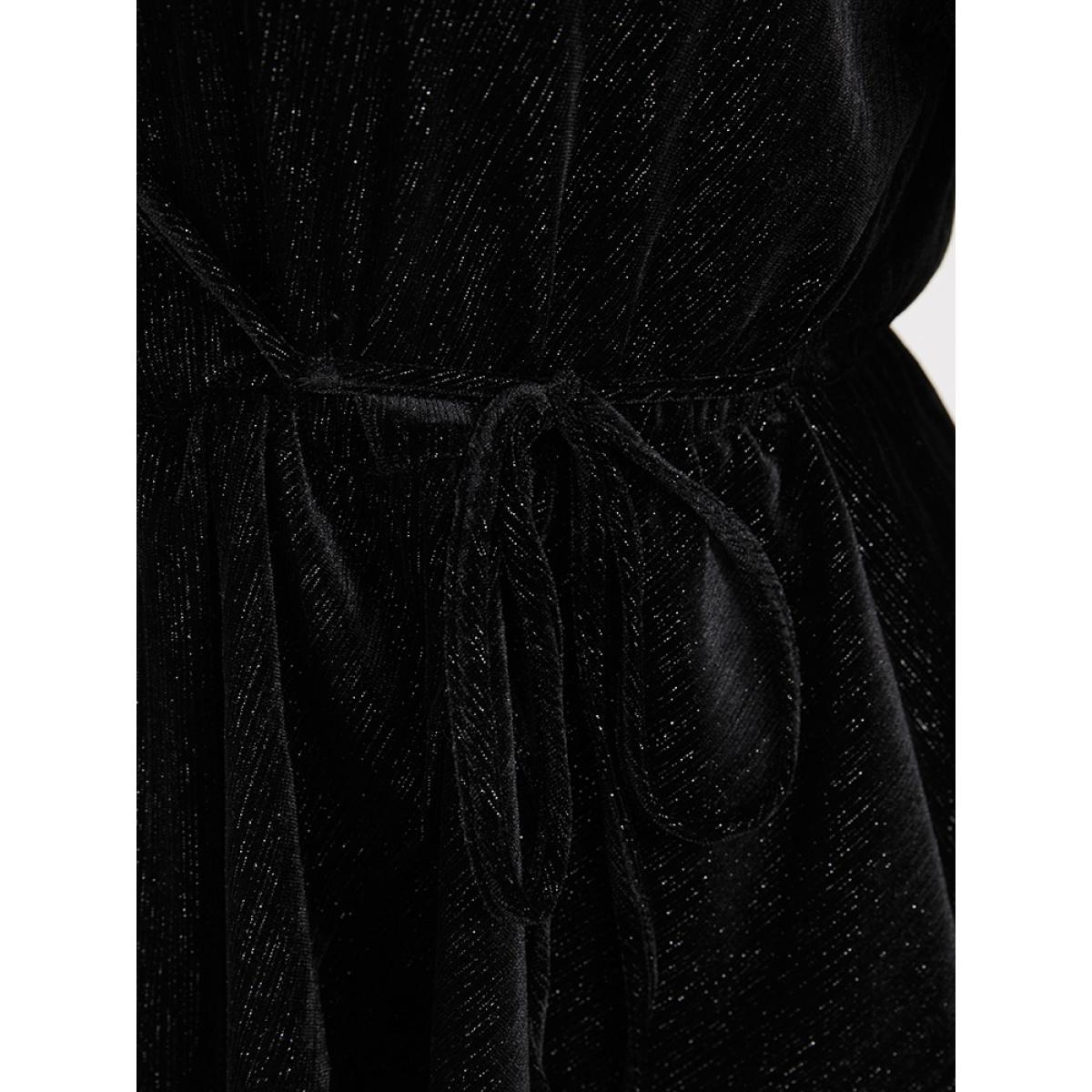 Plus Size Black Solid Shirred Lantern Sleeve Ties Up Velvet Wrap Blouse Women Party Long Sleeve V-neck Going out Blouses BloomChic 26/4X Product Image