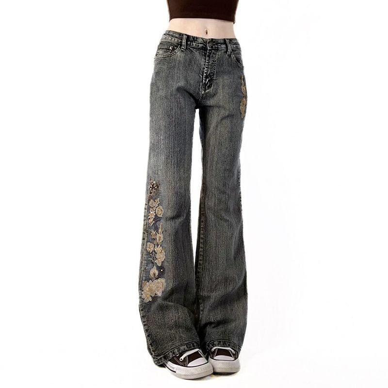 Mid Waist Floral Embroidered Flared Jeans Product Image
