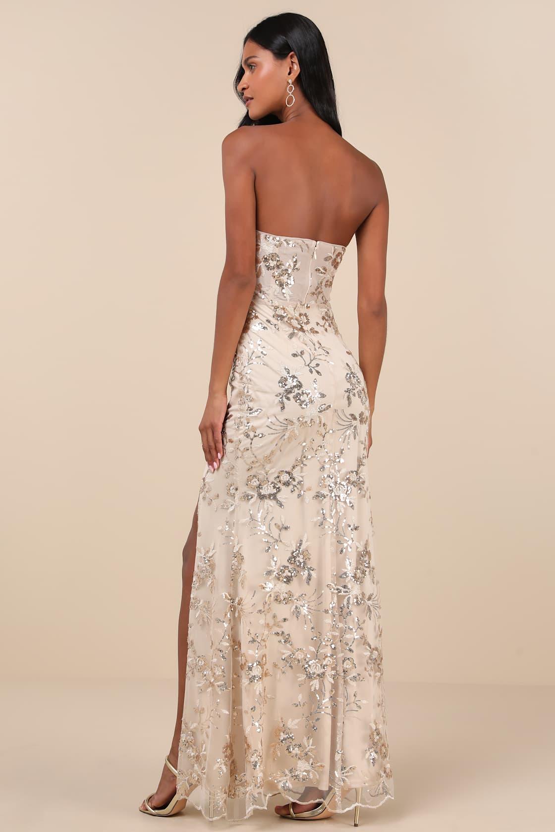 Confident Sensation Gold Sequin Strapless Bustier Maxi Dress Product Image