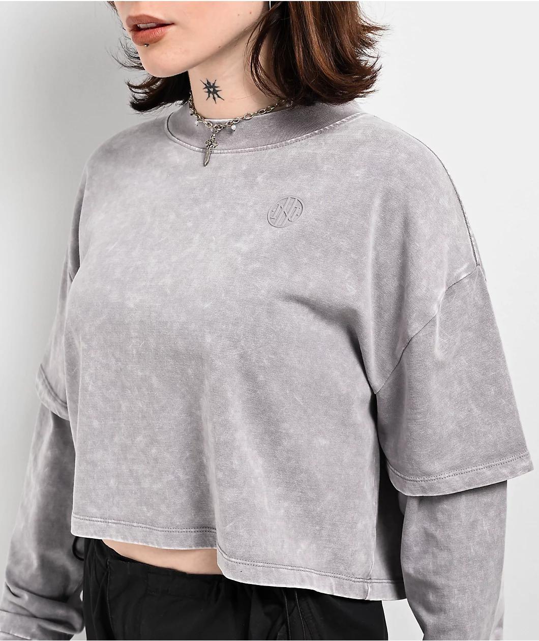 Ninth Hall Fundamentals Lonnie Grey Wash Boxy 2fer Crop Long Sleeve T-Shirt Product Image