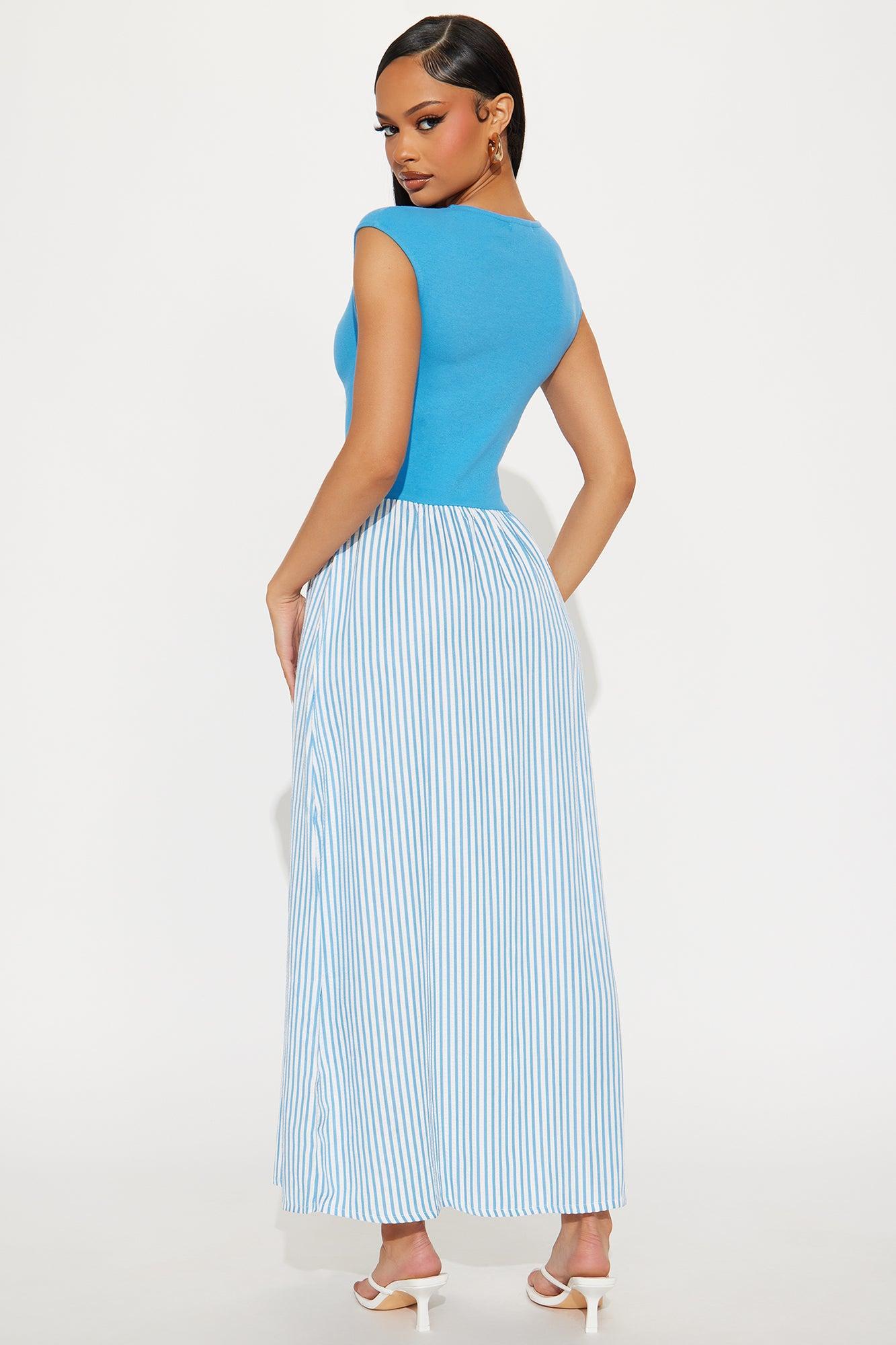 Rhonda High Neck Maxi Dress - White/Blue Product Image