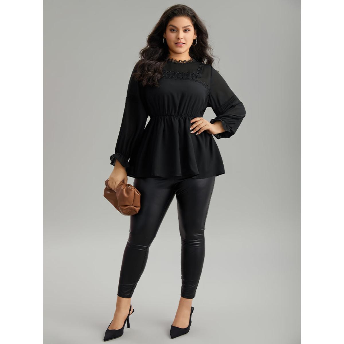 Plus Size Black Plain Ruffles Elastic Waist Lace Patchwork Blouse Women Office Long Sleeve Stand-up collar Office Blouses BloomChic 10/M Product Image