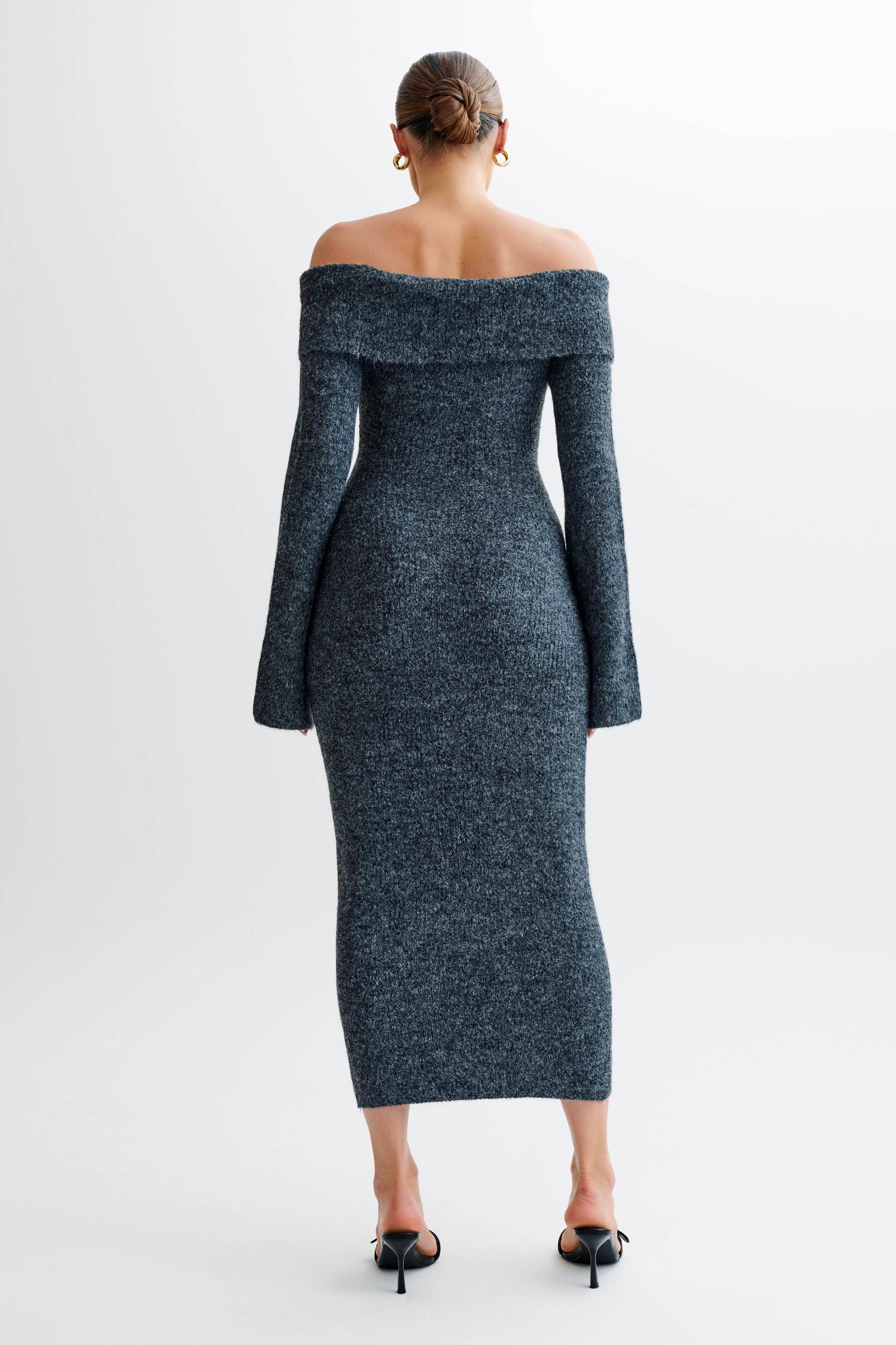 Baxter Off Shoulder Fluffy Knit Midi Dress - Charcoal Product Image