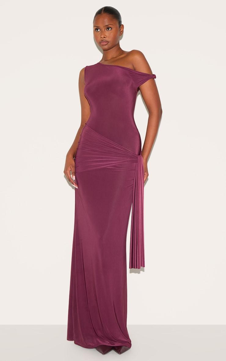 Plum Slinky Off Shoulder Wrap Detail Maxi Dress Product Image