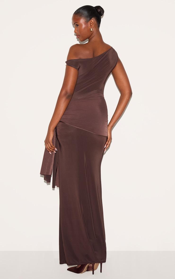 Chocolate Slinky Off Shoulder Wrap Detail Maxi Dress Product Image