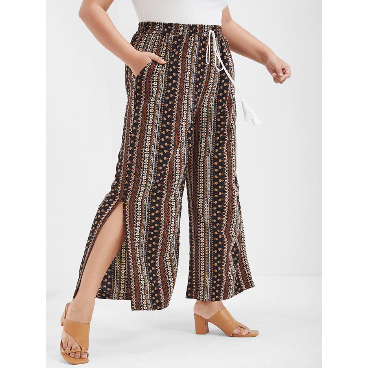Plus Size Ditsy Floral Tassel Ties Front Pocket Split Pants Women Brown Vacation High Rise Dailywear Pants BloomChic 10/M Product Image