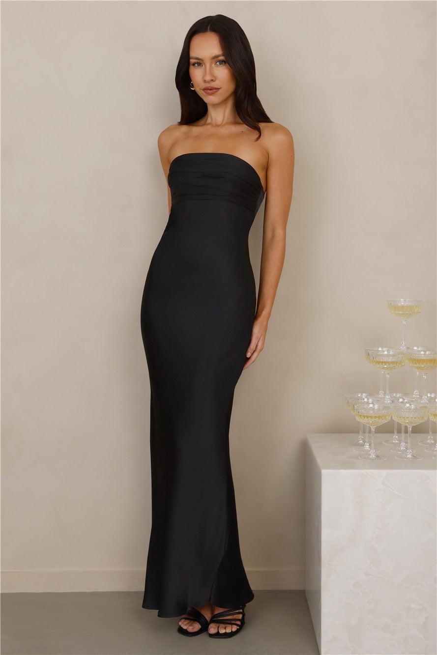 The Seraphina Strapless Satin Maxi Dress Black Product Image