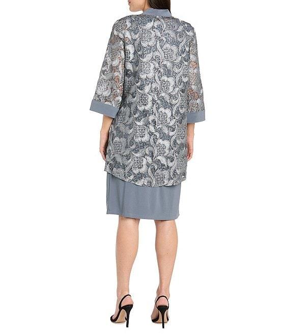 R & M Richards Crew Neck 3/4 Sleeve Embroidered Mesh Sequin 2-Piece Jacket Dress Product Image
