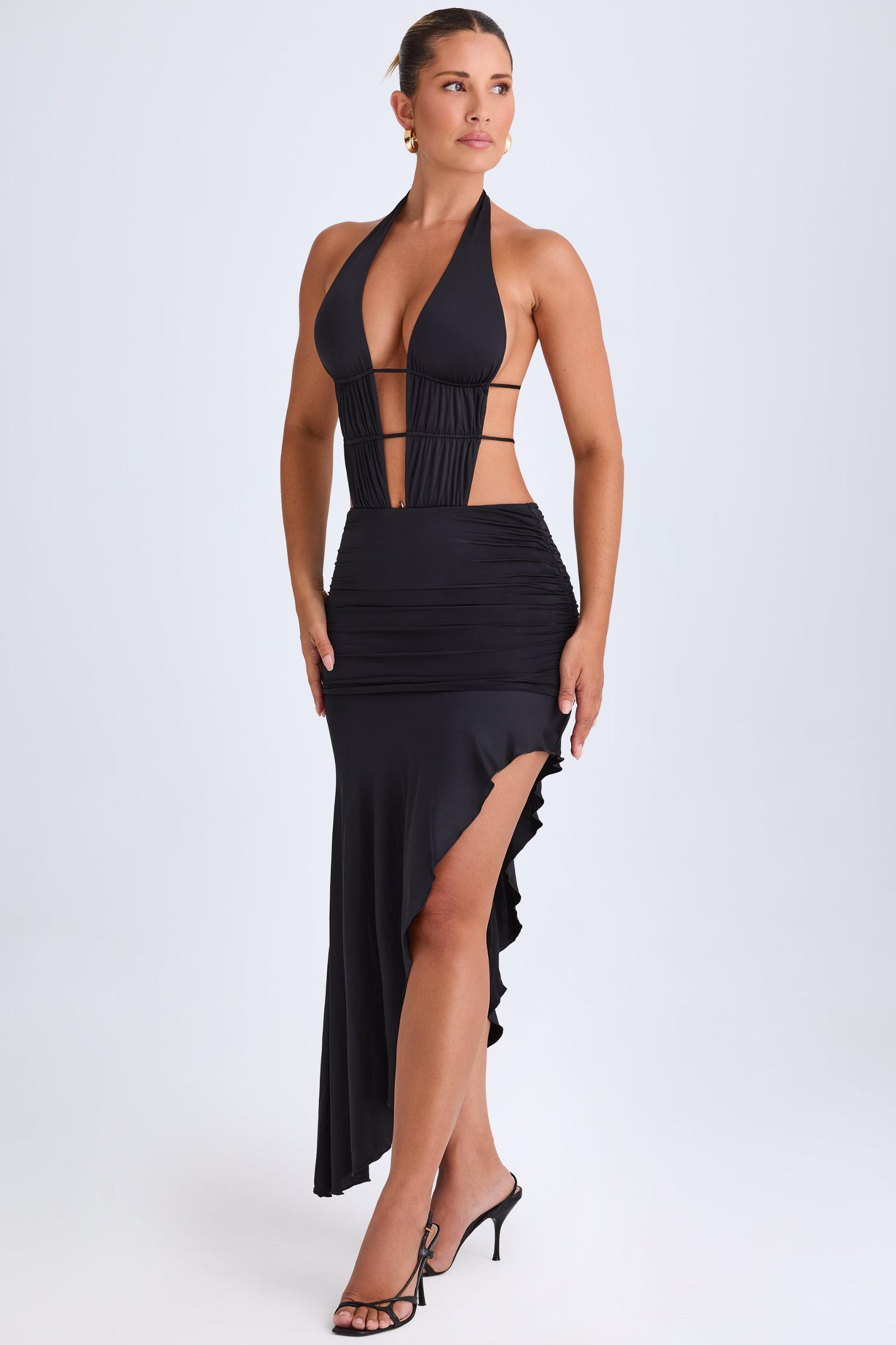 Asymmetric Cut-Out Halterneck Midaxi Dress in Black Female Product Image