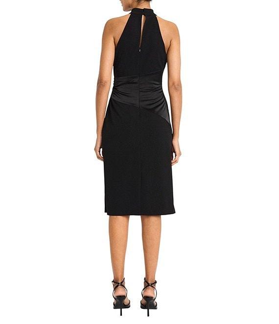 Maggy London Scuba Crepe Halter Neck Sleeve Satin Drape Sheath Midi Dress Product Image