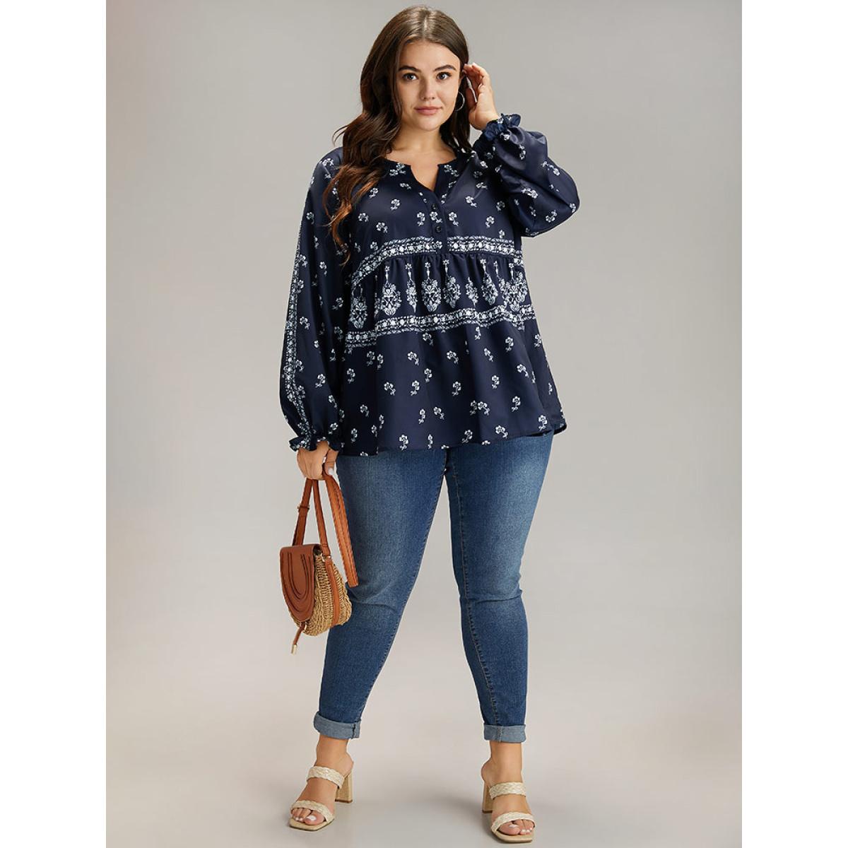 Plus Size Indigo Bandana Print Flutter Trim Blouse Women Resort Long Sleeve V-neck Vacation Blouses BloomChic 14-16/1X Product Image
