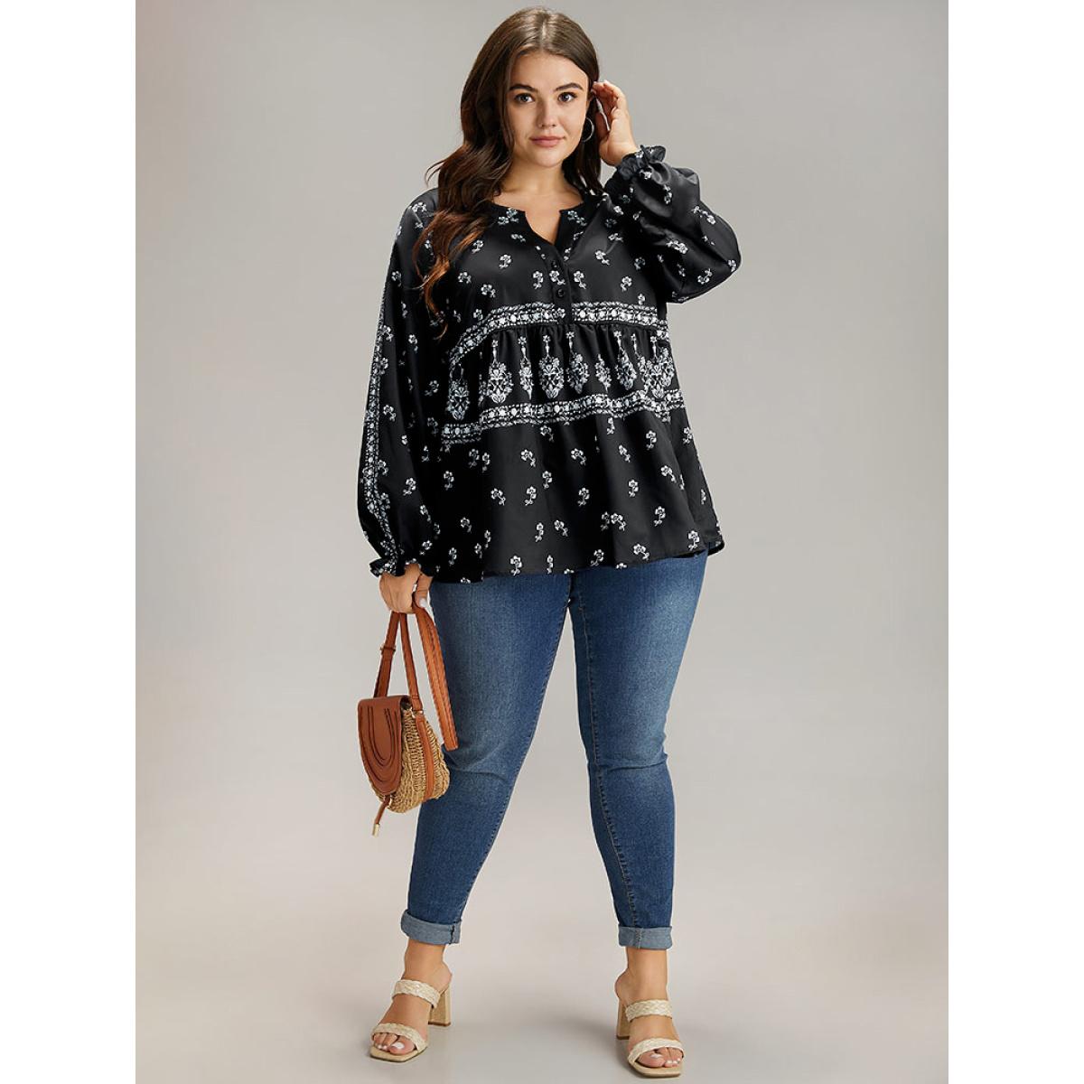 Plus Size Black Bandana Print Flutter Trim Blouse Women Resort Long Sleeve V-neck Vacation Blouses BloomChic 30/6X Product Image