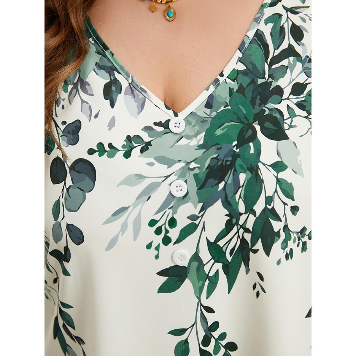 Plus Size Ivory Plants Print Lantern Sleeve Button Detail Blouse Women Vacation Long Sleeve V-neck Dailywear Blouses BloomChic 26/4X Product Image