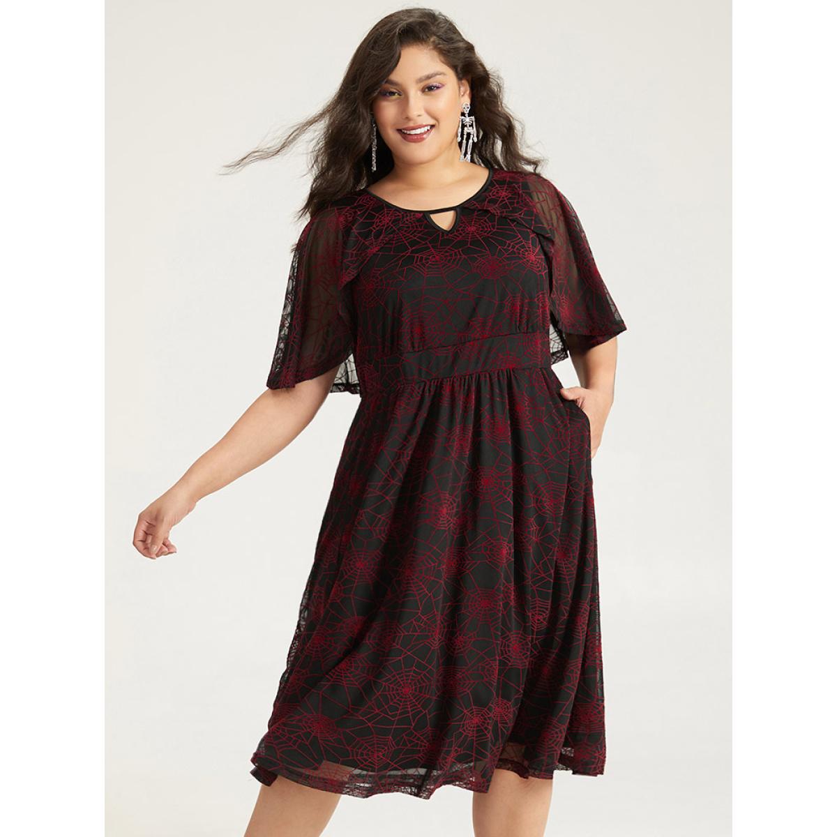 Plus Size Halloween Spider Web Pattern Keyhole Dress Black Women Party Gathered Notched collar Half Sleeve Curvy Midi Dress BloomChic 26/4X Product Image