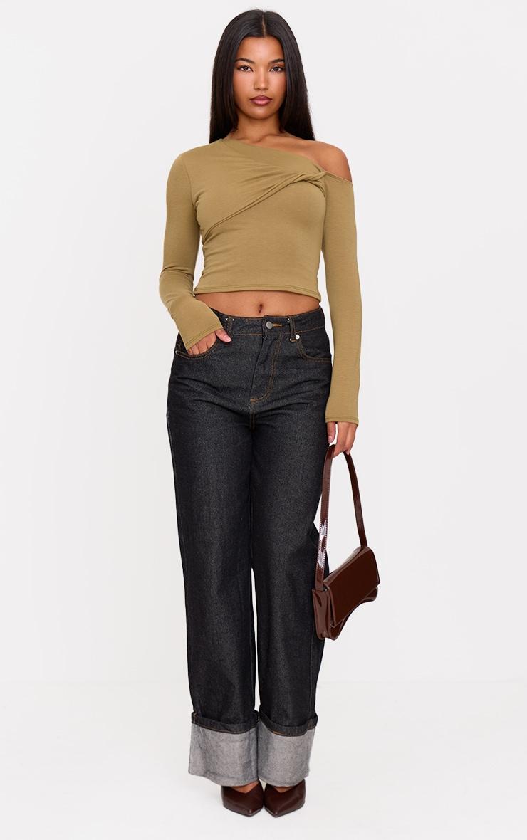Olive Contour Jersey Asymmetric Twist Detail Long Sleeve Top Product Image