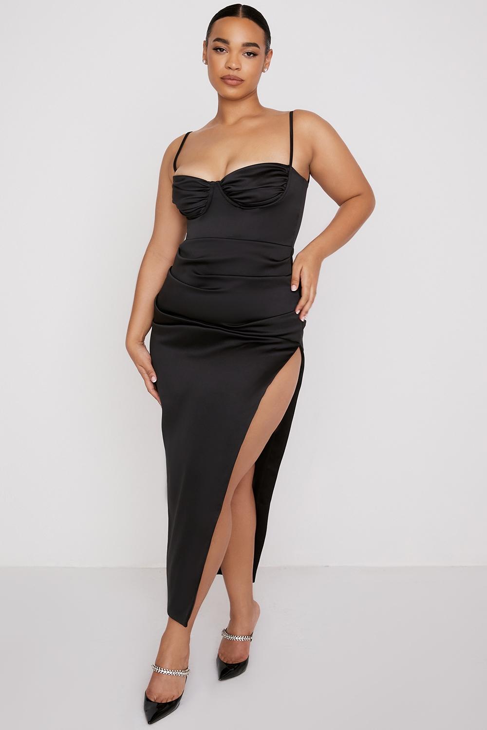 Flora  black satin pleated corset midi dress Product Image