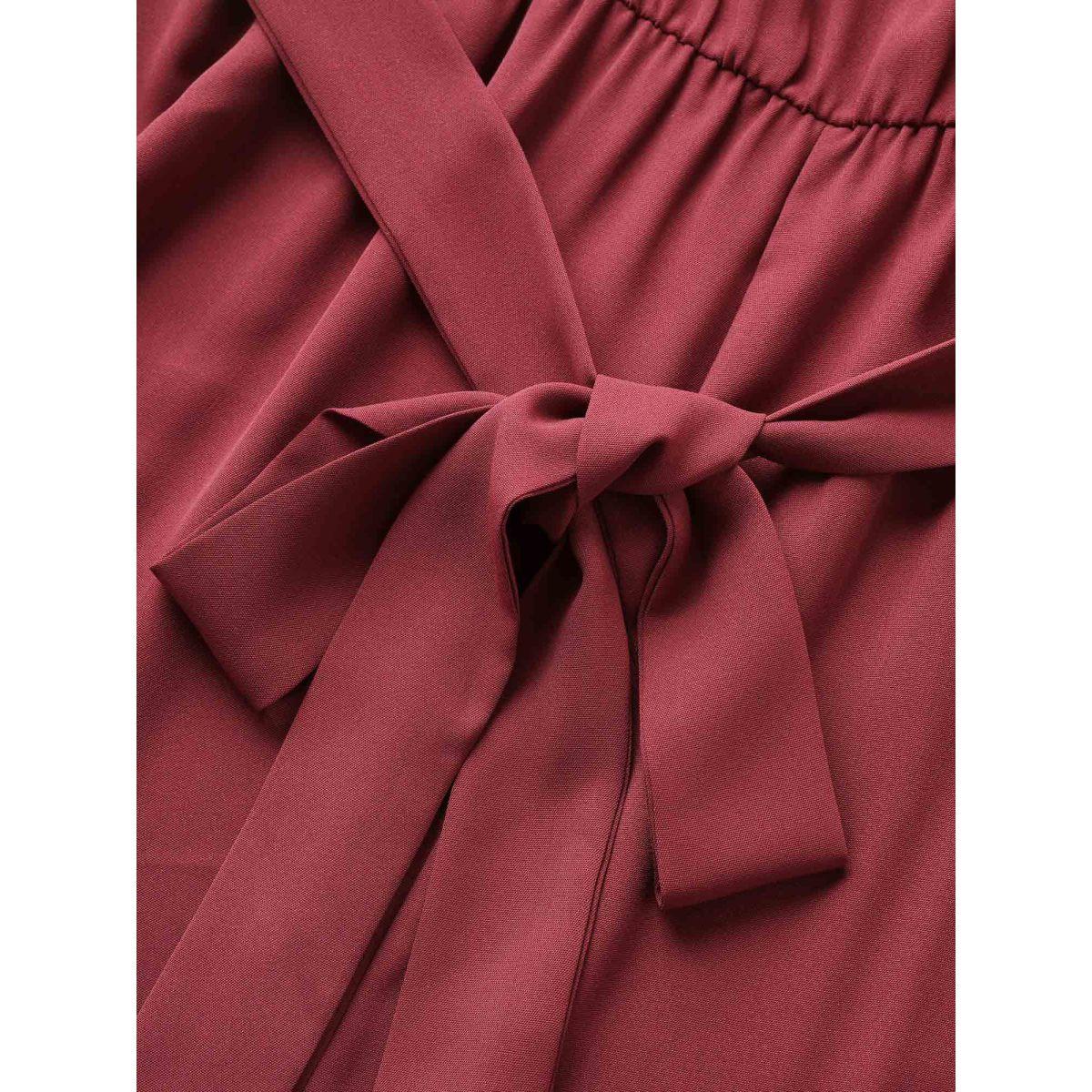 Plus Size Burgundy Bandana Print Gathered Belted Square Neck Jumpsuit Women Resort Short sleeve Square Neck Vacation Loose Jumpsuits BloomChic 28/5X Product Image